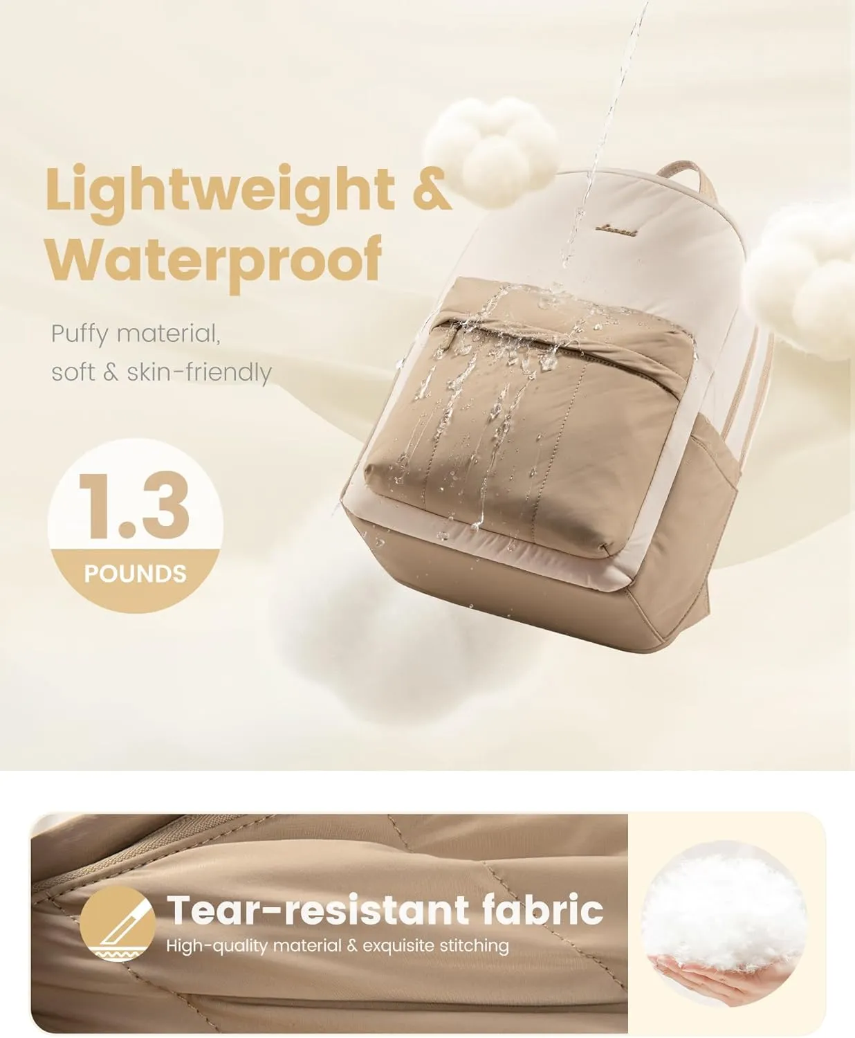 LOVEVOOK Travel Backpack for Women, Lightweight Quilted Puffy Laptop Backpack Purse, Teacher Backpack Nurse Bag Work Computer Bag, Cute Bookbag Waterproof Casual Daypack, 15.6 Inch, Beige-Khaki