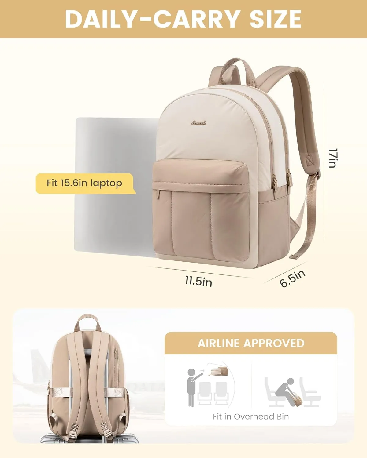 LOVEVOOK Travel Backpack for Women, Lightweight Quilted Puffy Laptop Backpack Purse, Teacher Backpack Nurse Bag Work Computer Bag, Cute Bookbag Waterproof Casual Daypack, 15.6 Inch, Beige-Khaki