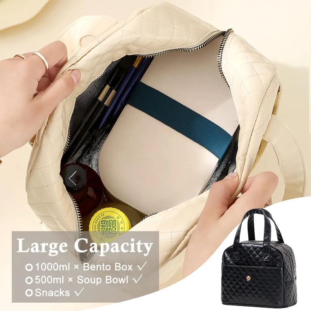 Lunch Bag, Insulated Lunch Bag for Women Men, Solid Black Quilted Lunch Tote Bag, Reusable Lunch Box for Work, Picnic (Black)