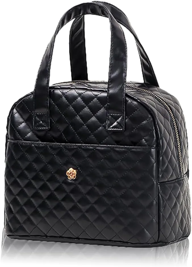 Lunch Bag, Insulated Lunch Bag for Women Men, Solid Black Quilted Lunch Tote Bag, Reusable Lunch Box for Work, Picnic (Black)