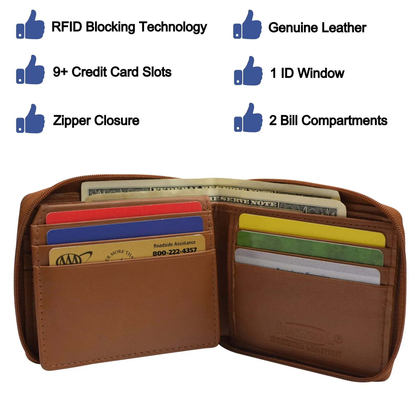 Men's Zipper RFID Blocking Premium Leather Zip-Around ID Bifold Wallet by Swiss Marshall