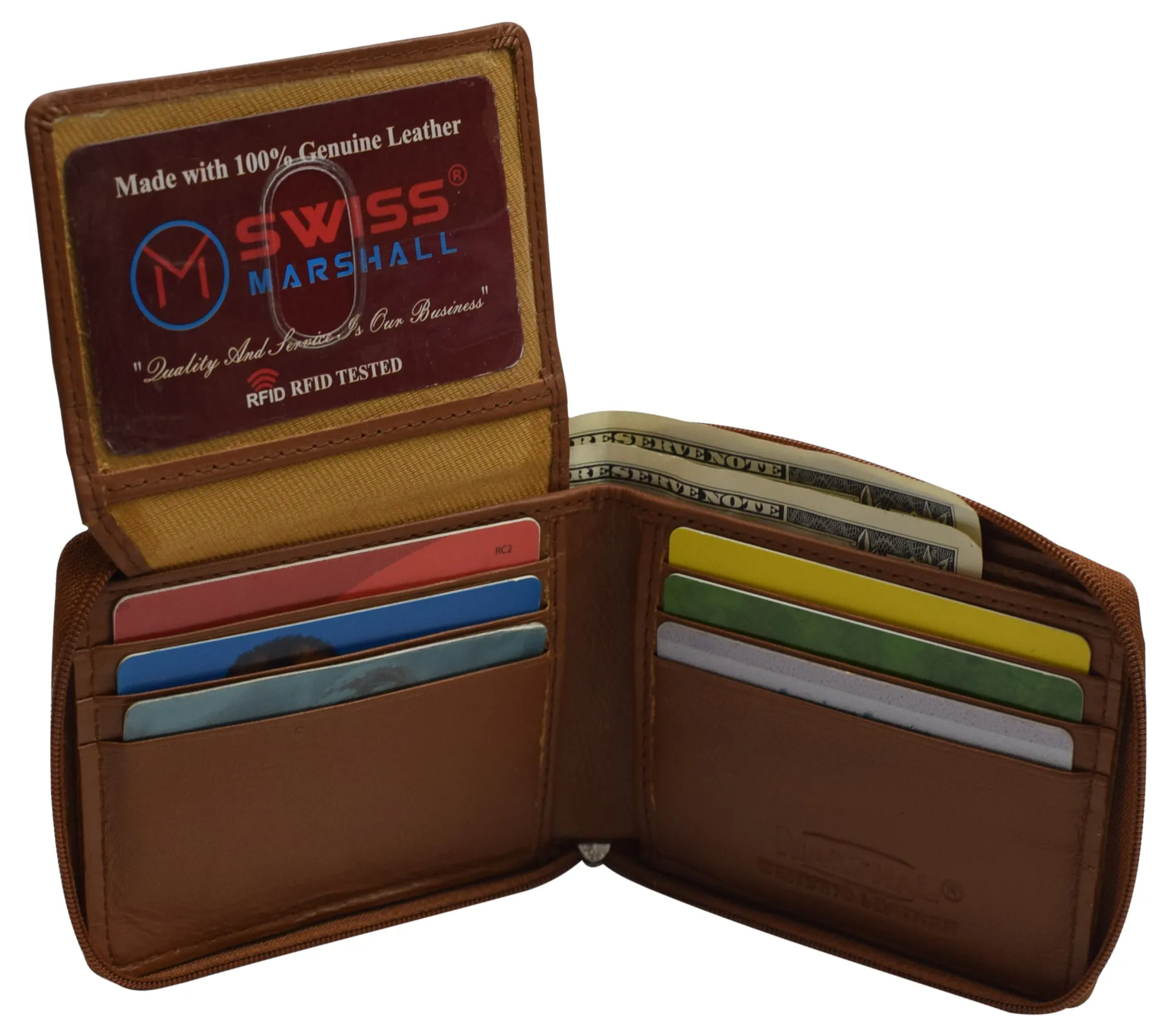 Men's Zipper RFID Blocking Premium Leather Zip-Around ID Bifold Wallet by Swiss Marshall