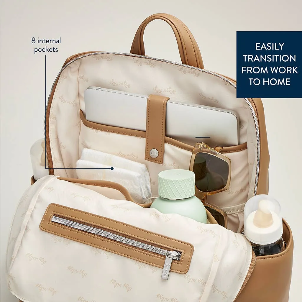 NEW Eras Backpack Diaper Bag - (Chai Latte) 15 Pockets, Insulated Bottle Holders, Changing Pad & Stroller Straps Included