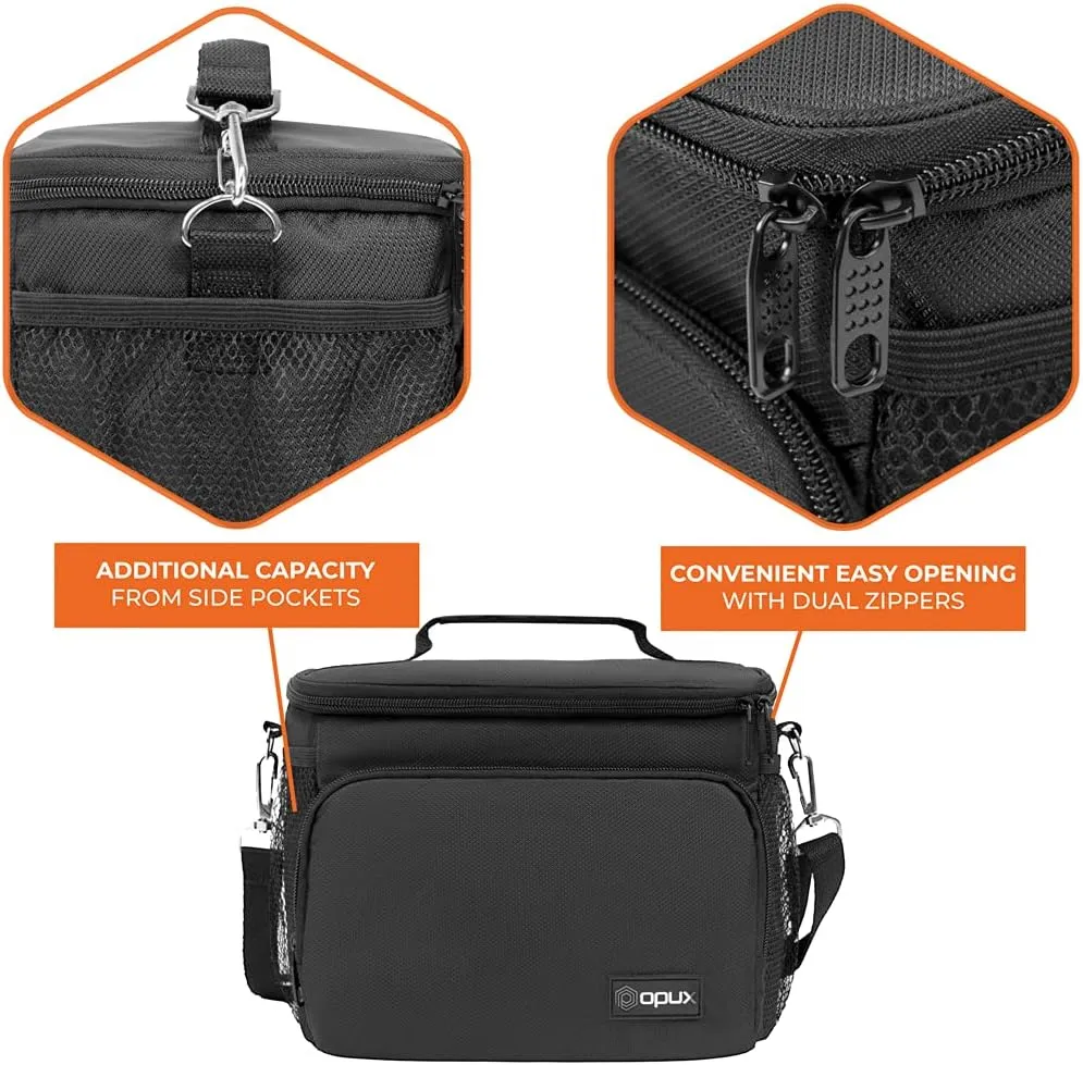 opux Insulated Lunch Bag for Men Women, Soft Lunch Box for Office Work School Picnic, Leakproof Lunch Cooler Bag with Shoulder Strap for Kid Adult Boy Girl, Medium Lunchbox Lunch Tote (Black)