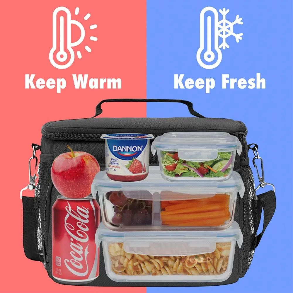 opux Insulated Lunch Bag for Men Women, Soft Lunch Box for Office Work School Picnic, Leakproof Lunch Cooler Bag with Shoulder Strap for Kid Adult Boy Girl, Medium Lunchbox Lunch Tote (Black)