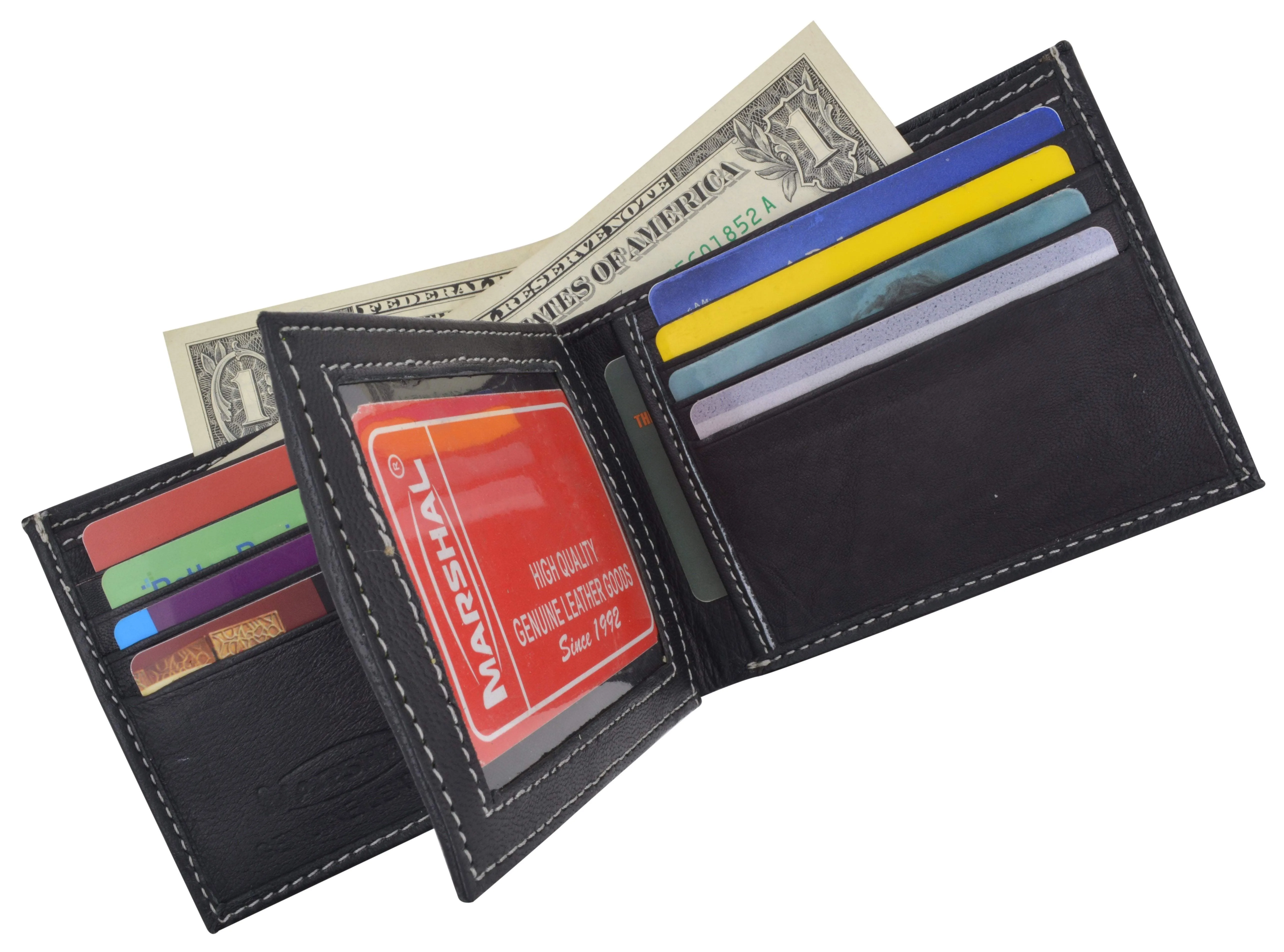 Premium Soft Leather Center Flap ID Card Holder Bifold Wallet 960052