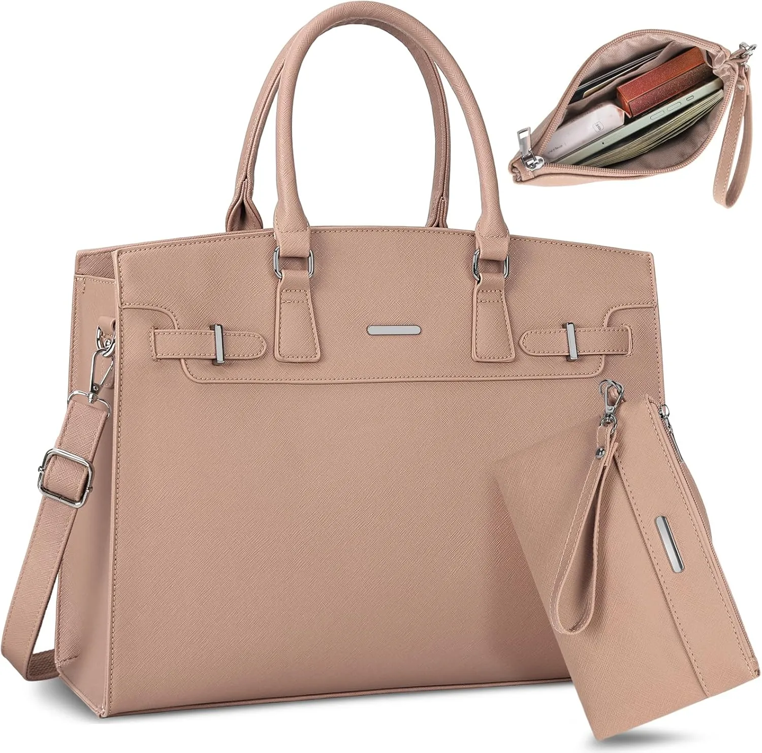 RAINSMORE Laptop Bag for Women 15.6 Inch Waterproof Leather Laptop Tote Bag Business Office Work Bag Professional Briefcase Large Computer Tote Handbag Shoulder Bag with Satchel Purse 2pcs Set, Khaki