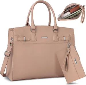 RAINSMORE Laptop Bag for Women 15.6 Inch Waterproof Leather Laptop Tote Bag Business Office Work Bag Professional Briefcase Large Computer Tote Handbag Shoulder Bag with Satchel Purse 2pcs Set, Khaki