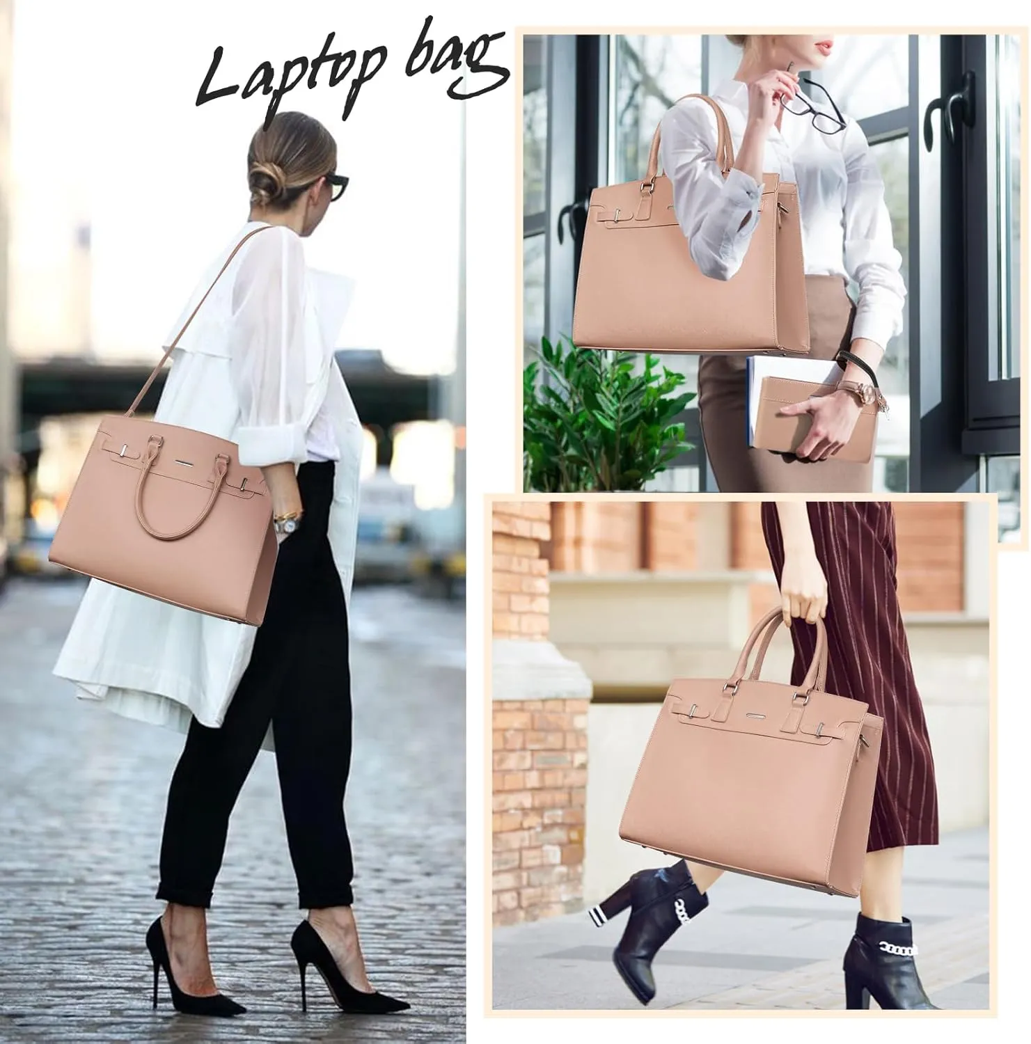 RAINSMORE Laptop Bag for Women 15.6 Inch Waterproof Leather Laptop Tote Bag Business Office Work Bag Professional Briefcase Large Computer Tote Handbag Shoulder Bag with Satchel Purse 2pcs Set, Khaki