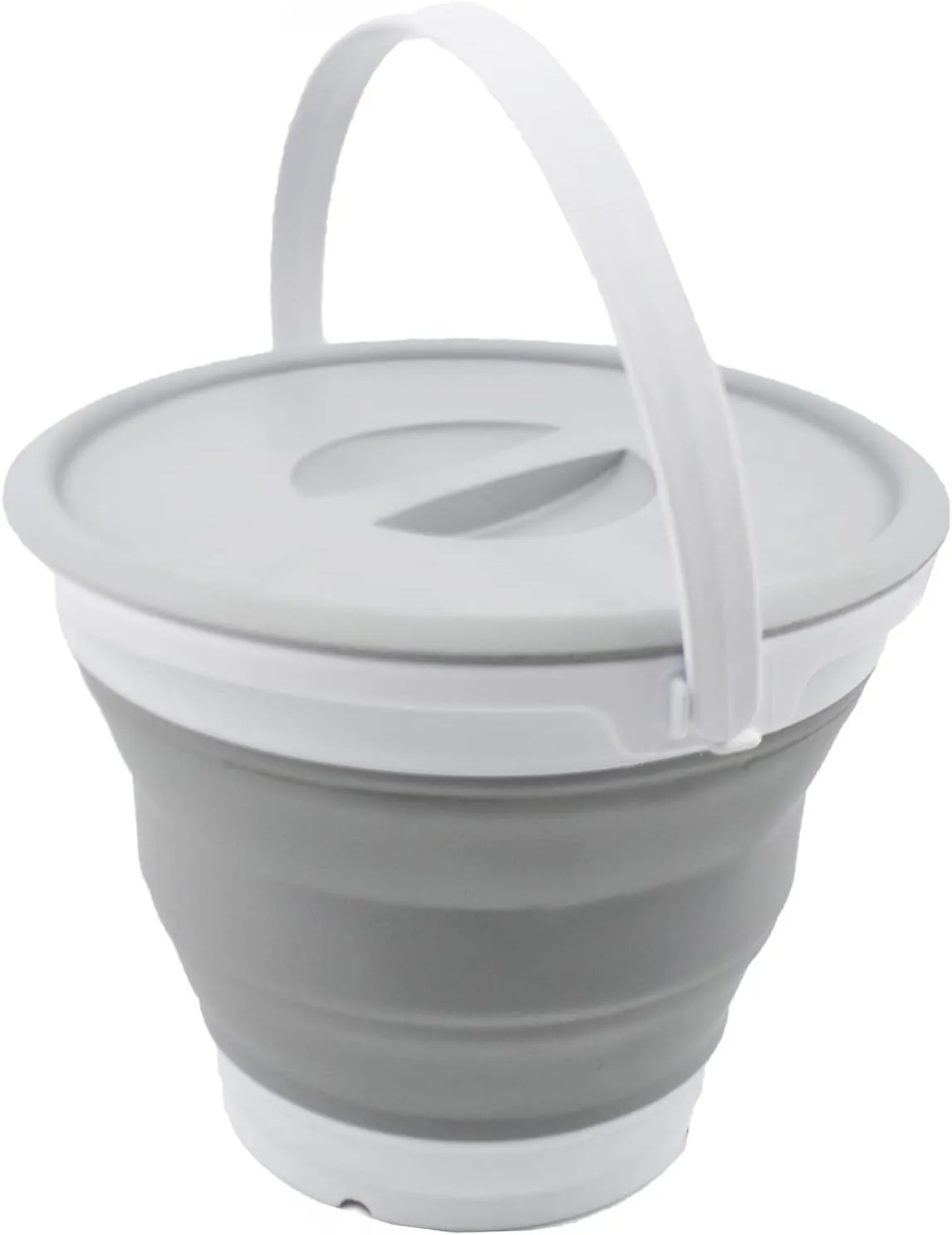 SAMMART 5.5L (1.4 Gallon) Collapsible Plastic Bucket with Lid - Foldable Round Tub with Lid - Portable Fishing Water Pail - Space Saving Outdoor Waterpot. (White/Grey, 1)