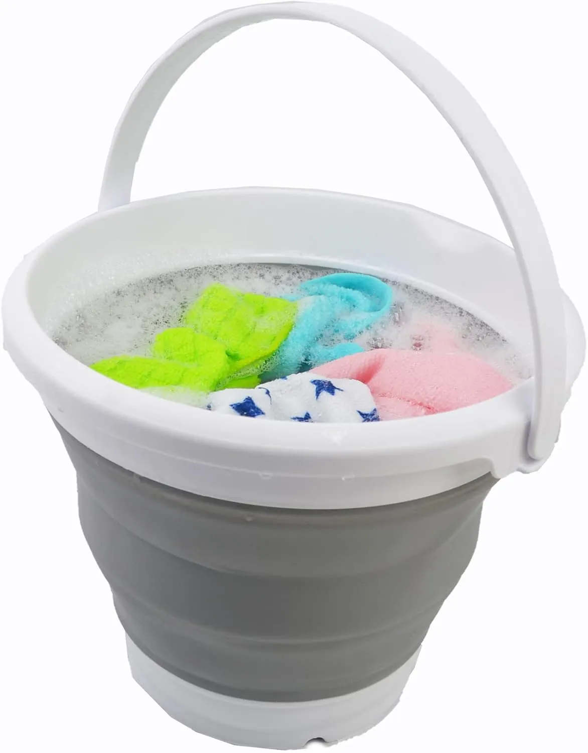 SAMMART 5.5L (1.4 Gallon) Collapsible Plastic Bucket with Lid - Foldable Round Tub with Lid - Portable Fishing Water Pail - Space Saving Outdoor Waterpot. (White/Grey, 1)