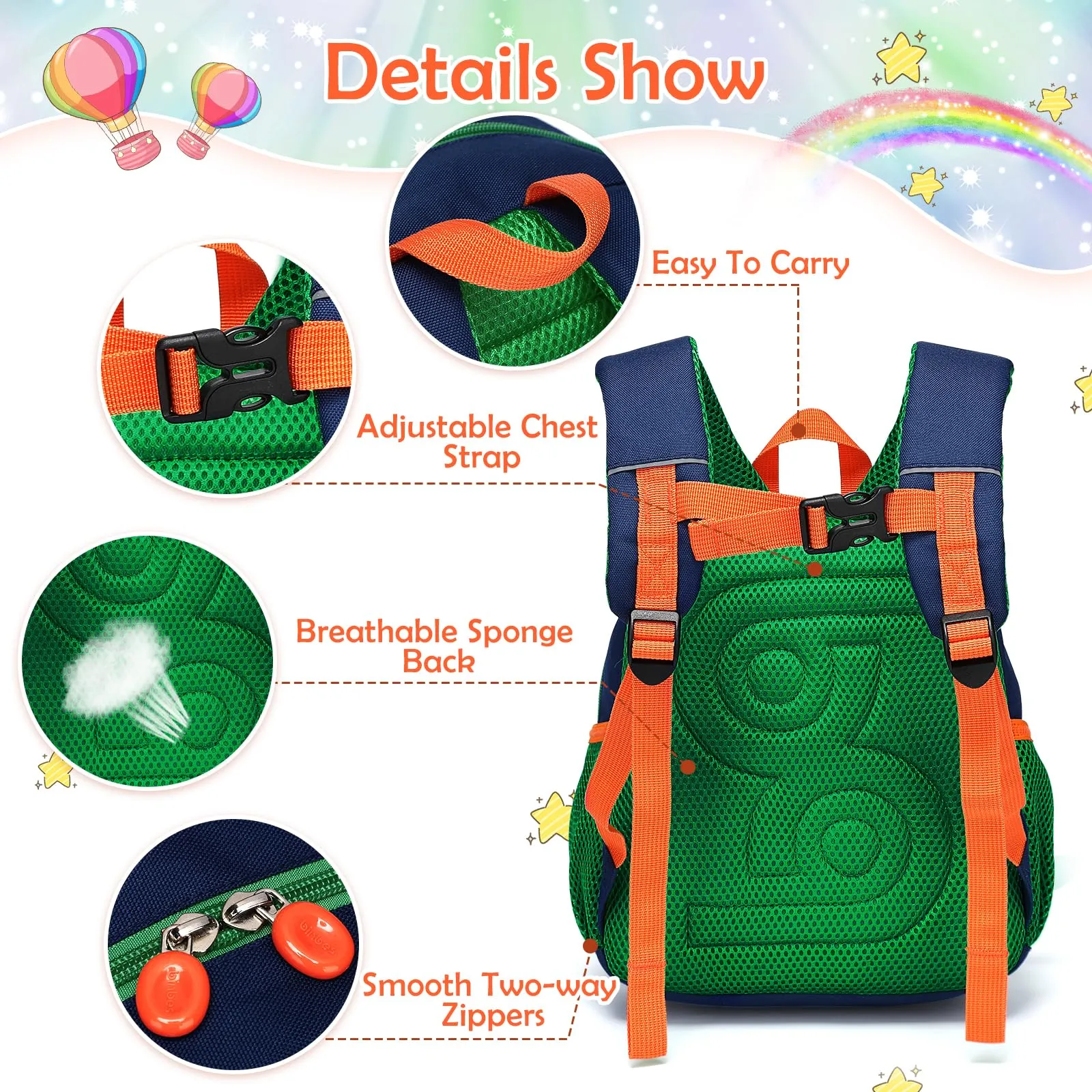 Small backpack kids with chest strap, waterproof preschool toddler