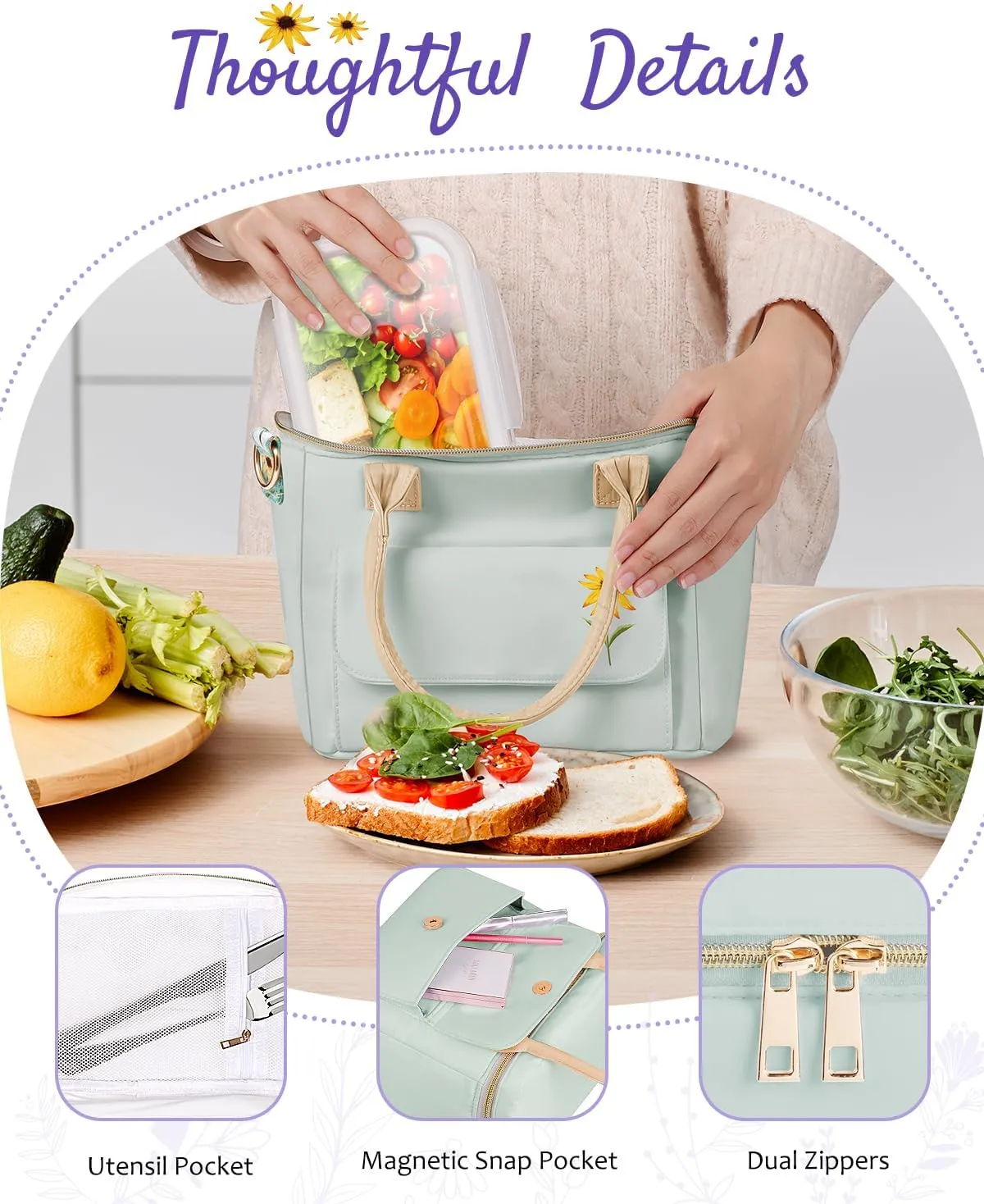 Small Insulated Lunch Bag Box Women - Leakproof Water-Repellent Lightweight Cooler with Removable Strap for Work Picnic - Teacher Mothers Day Christmas Birthday Gifts