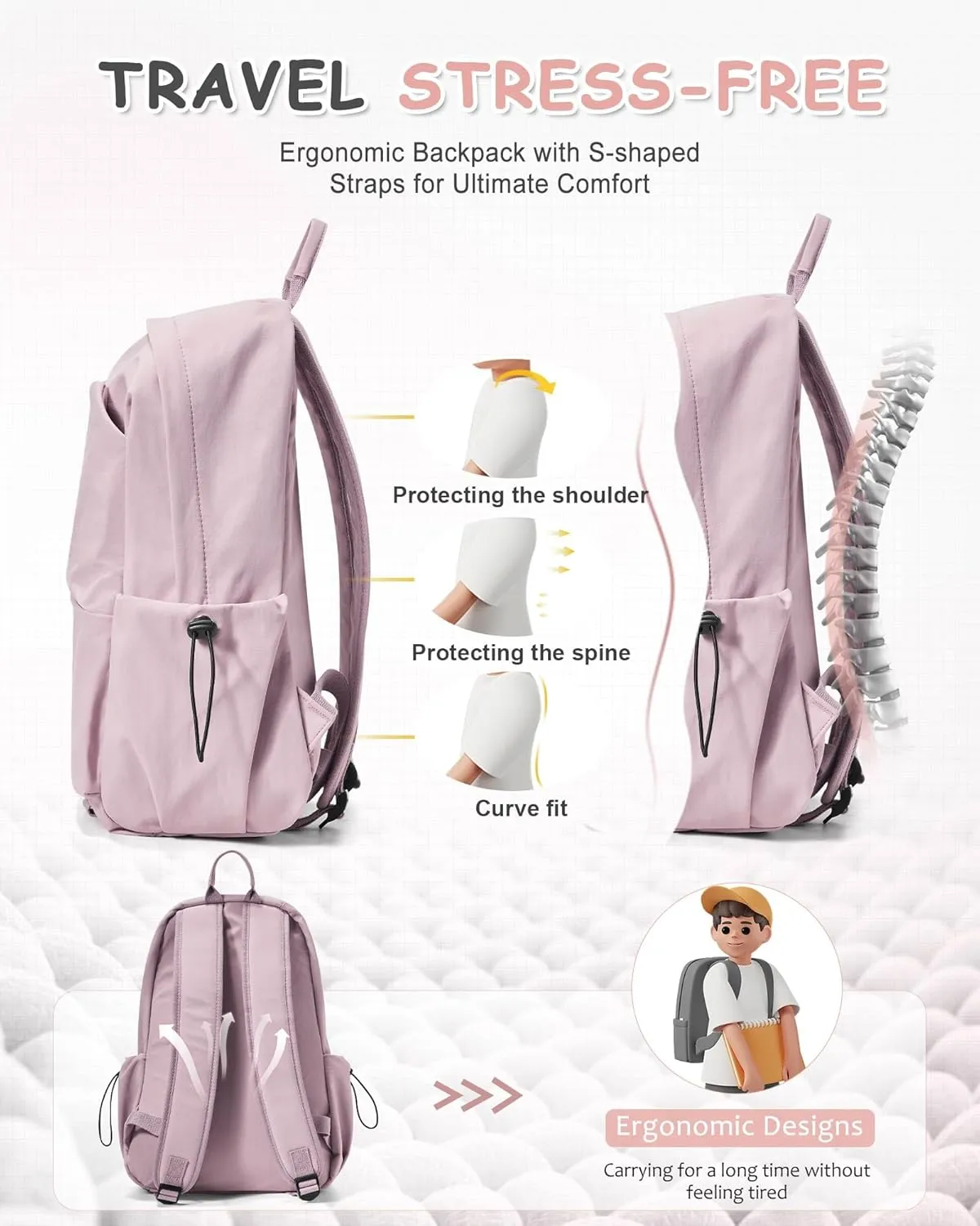 Small Pink School Backpack Women, Unisex Lightweight Backpack School Bag Water-resistant Casual Rucksack fits 14 inch Laptop for Boys Girls Men and Women Bookbag College Daypack for Teenage