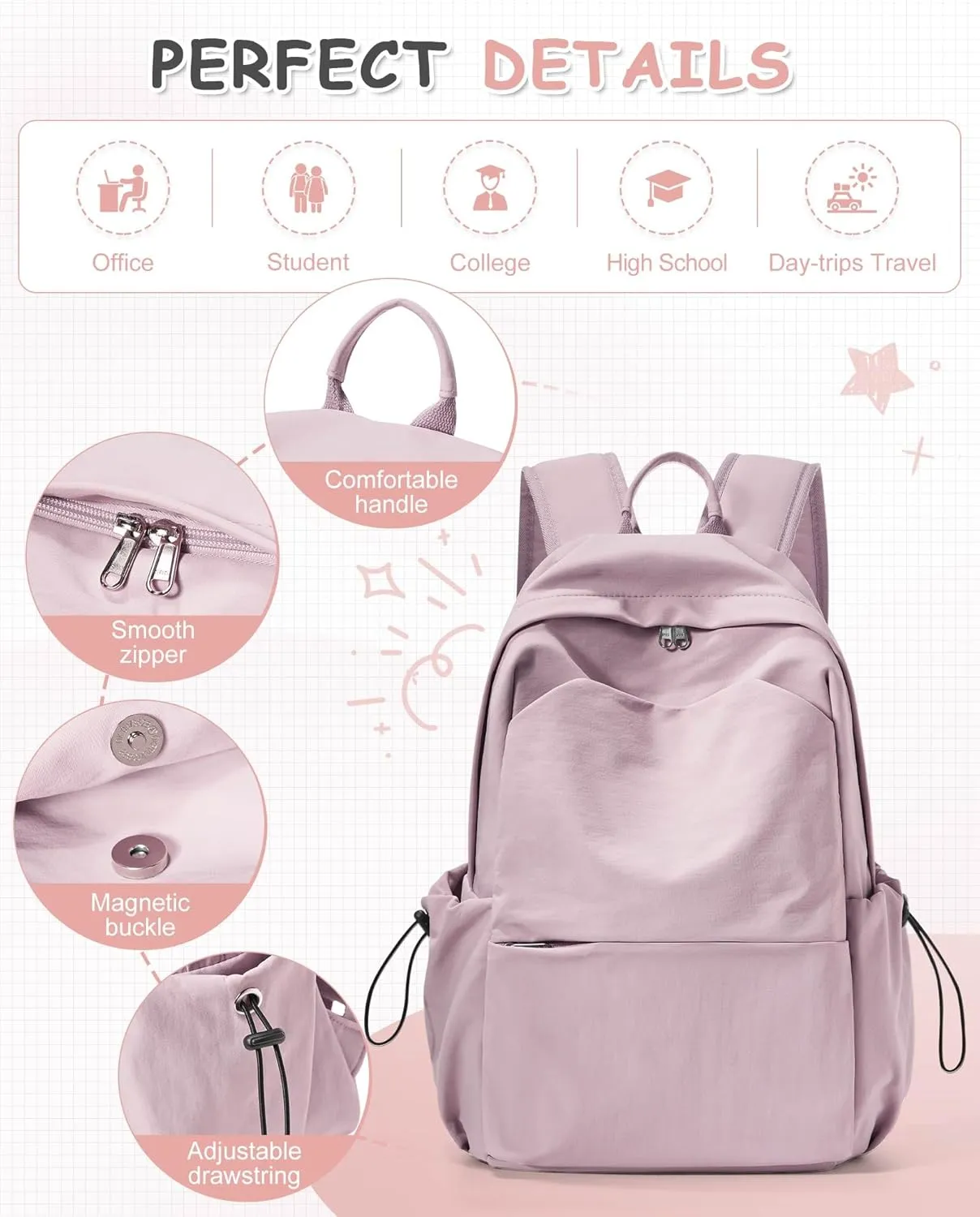 Small Pink School Backpack Women, Unisex Lightweight Backpack School Bag Water-resistant Casual Rucksack fits 14 inch Laptop for Boys Girls Men and Women Bookbag College Daypack for Teenage