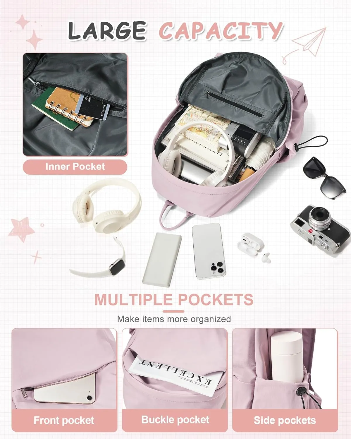Small Pink School Backpack Women, Unisex Lightweight Backpack School Bag Water-resistant Casual Rucksack fits 14 inch Laptop for Boys Girls Men and Women Bookbag College Daypack for Teenage