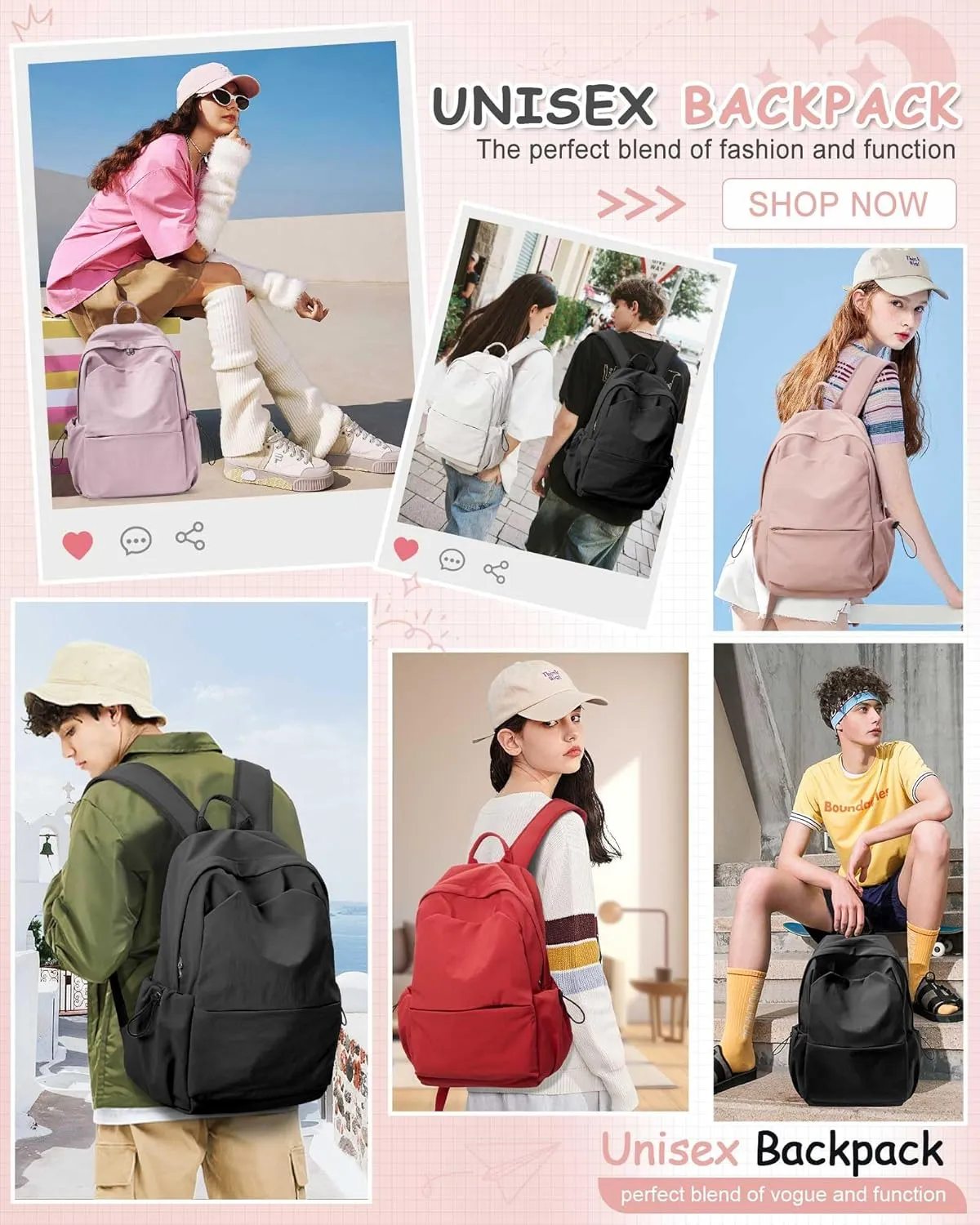 Small Pink School Backpack Women, Unisex Lightweight Backpack School Bag Water-resistant Casual Rucksack fits 14 inch Laptop for Boys Girls Men and Women Bookbag College Daypack for Teenage
