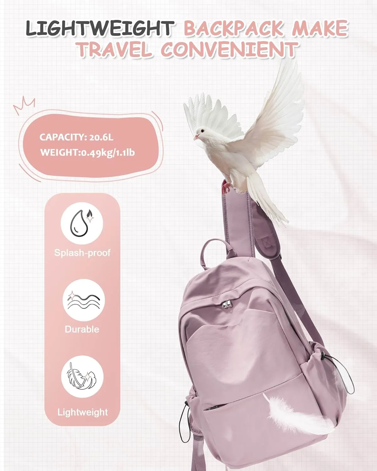 Small Pink School Backpack Women, Unisex Lightweight Backpack School Bag Water-resistant Casual Rucksack fits 14 inch Laptop for Boys Girls Men and Women Bookbag College Daypack for Teenage