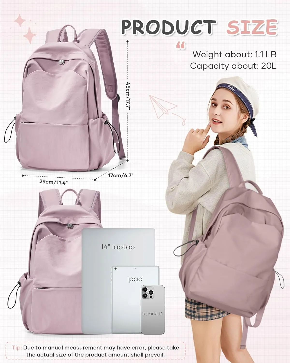 Small Pink School Backpack Women, Unisex Lightweight Backpack School Bag Water-resistant Casual Rucksack fits 14 inch Laptop for Boys Girls Men and Women Bookbag College Daypack for Teenage