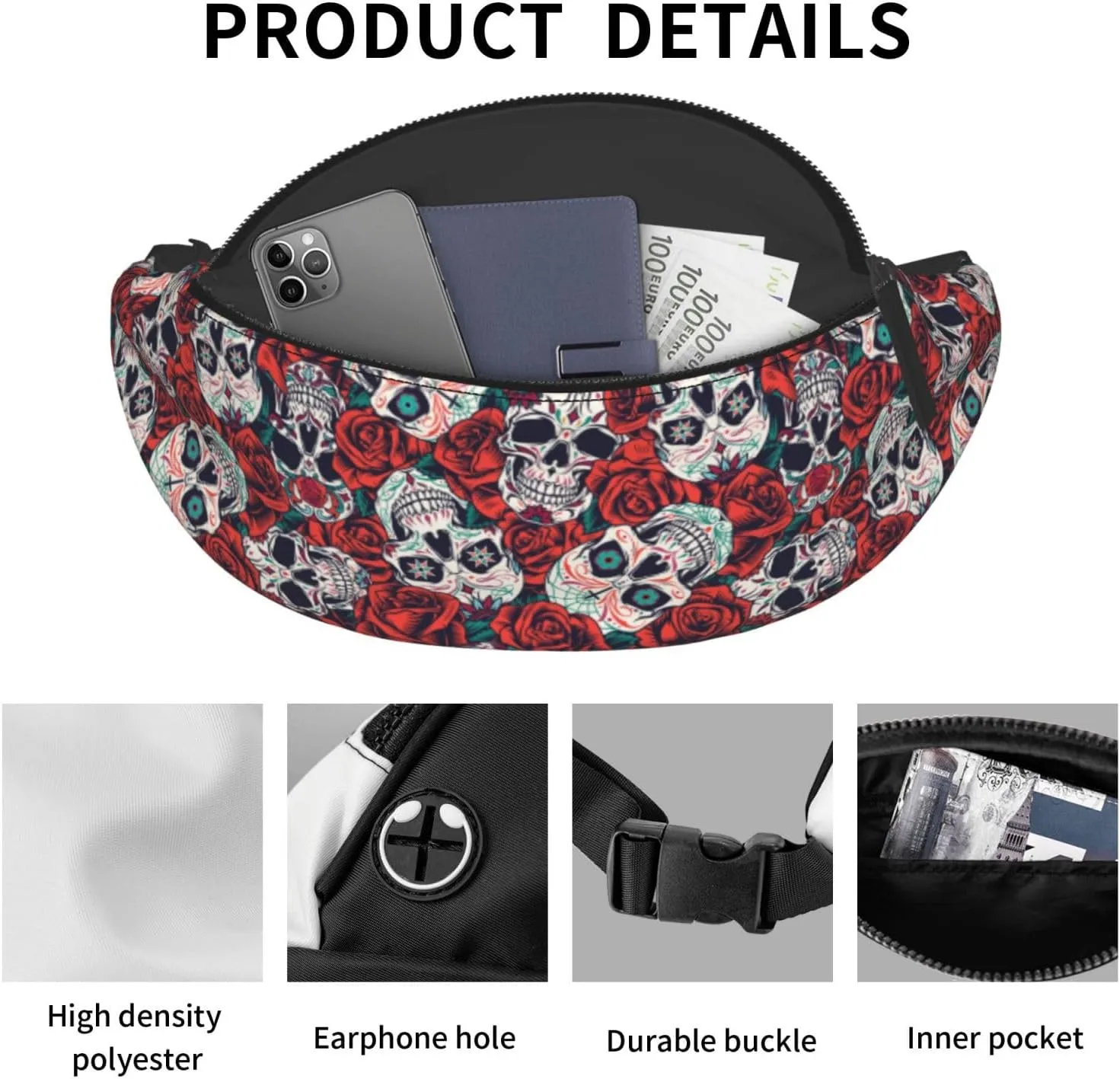 Sugar Skull Rose Flower Fashion Casual Fanny Pack Waist Bag Men Women Adjustable Belt Waist Bag For Travel Hiking Cycling Running Festival Carnival