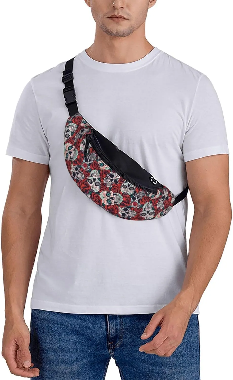 Sugar Skull Rose Flower Fashion Casual Fanny Pack Waist Bag Men Women Adjustable Belt Waist Bag For Travel Hiking Cycling Running Festival Carnival