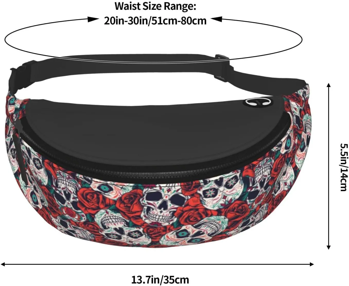 Sugar Skull Rose Flower Fashion Casual Fanny Pack Waist Bag Men Women Adjustable Belt Waist Bag For Travel Hiking Cycling Running Festival Carnival