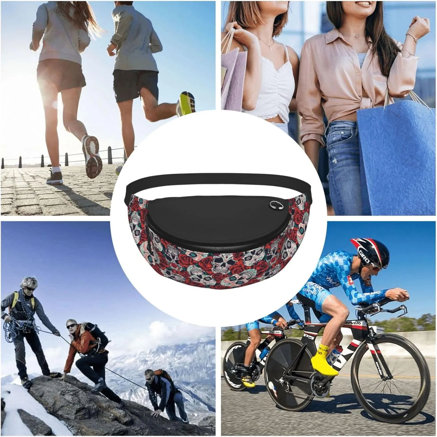 Sugar Skull Rose Flower Fashion Casual Fanny Pack Waist Bag Men Women Adjustable Belt Waist Bag For Travel Hiking Cycling Running Festival Carnival