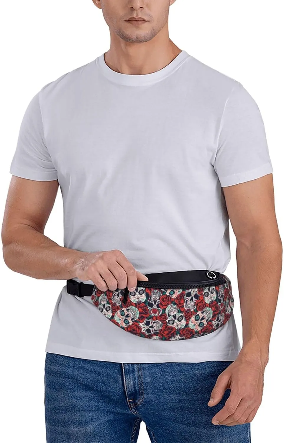 Sugar Skull Rose Flower Fashion Casual Fanny Pack Waist Bag Men Women Adjustable Belt Waist Bag For Travel Hiking Cycling Running Festival Carnival