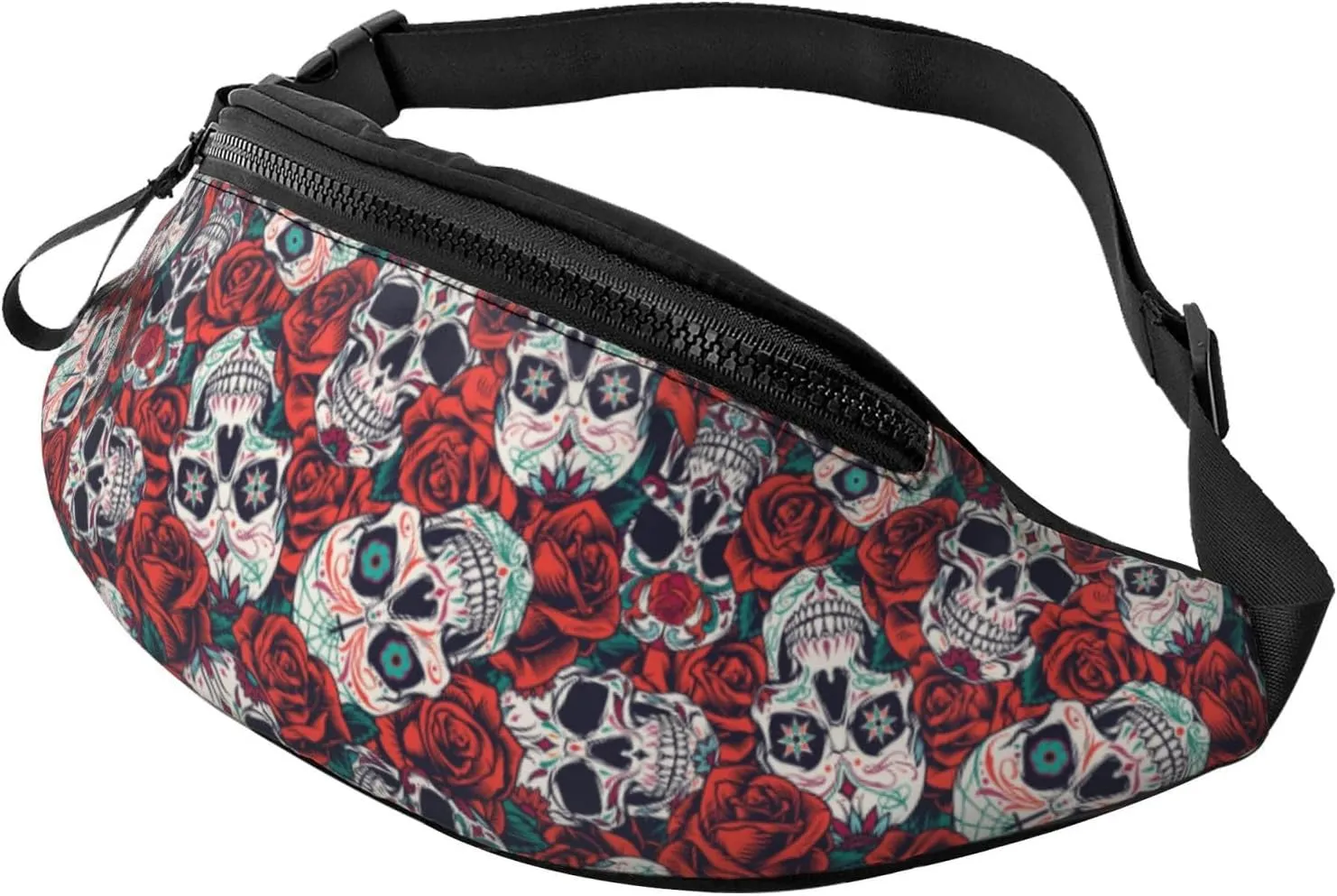 Sugar Skull Rose Flower Fashion Casual Fanny Pack Waist Bag Men Women Adjustable Belt Waist Bag For Travel Hiking Cycling Running Festival Carnival