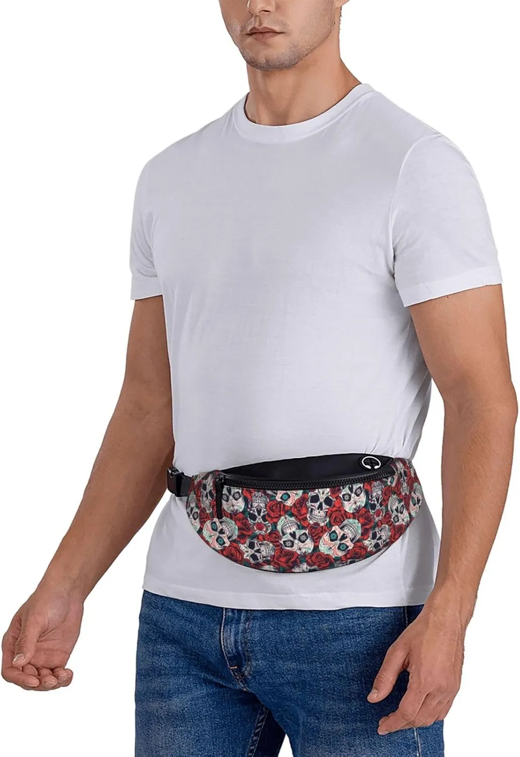 Sugar Skull Rose Flower Fashion Casual Fanny Pack Waist Bag Men Women Adjustable Belt Waist Bag For Travel Hiking Cycling Running Festival Carnival