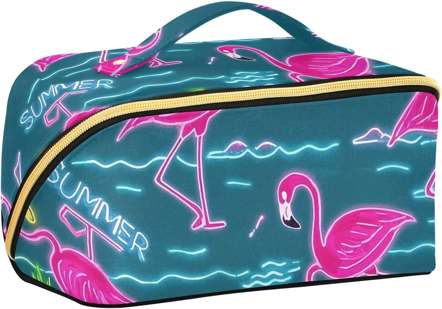 Summer Neon Flamingo Coconut Tree Blue Designed Toiletry Bags with dividers Large Capacity Travel Cosmetic Bag with Compartments & Handle