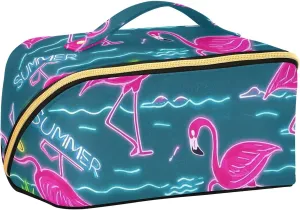 Summer Neon Flamingo Coconut Tree Blue Designed Toiletry Bags with dividers Large Capacity Travel Cosmetic Bag with Compartments & Handle