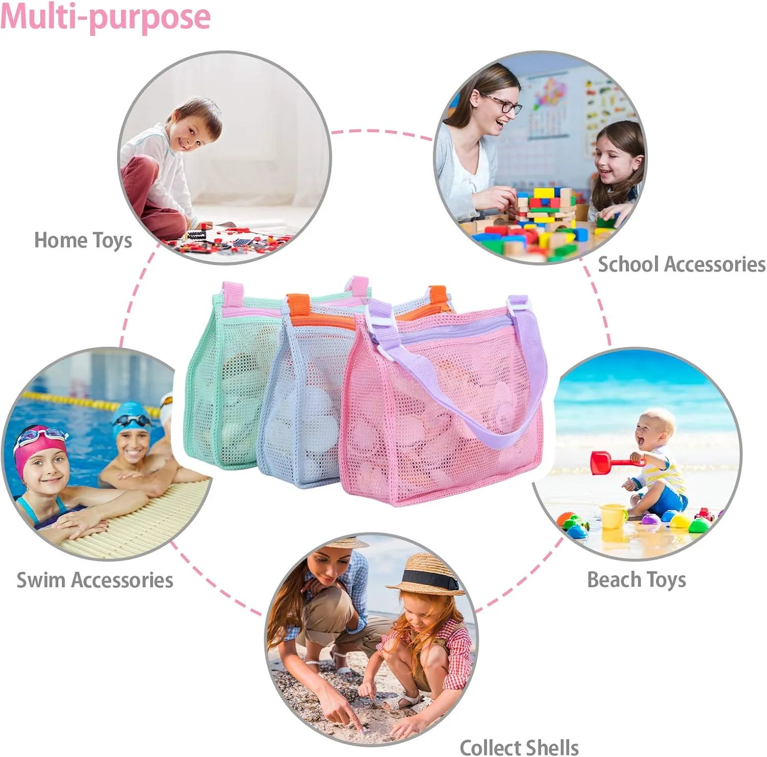 Tagitary Beach Toy Mesh Beach Bag Kids Shell Collecting Bag Beach Sand Toy Seashell Bag Swimming Accessories for Boys and Girls(Only Bags,A Set of 3)