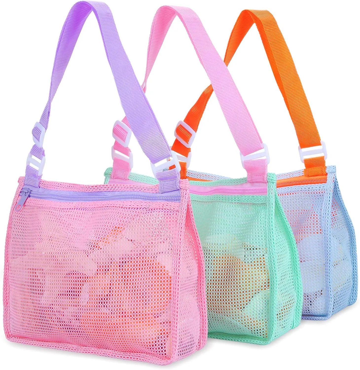 Tagitary Beach Toy Mesh Beach Bag Kids Shell Collecting Bag Beach Sand Toy Seashell Bag Swimming Accessories for Boys and Girls(Only Bags,A Set of 3)
