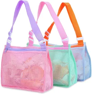 Tagitary Beach Toy Mesh Beach Bag Kids Shell Collecting Bag Beach Sand Toy Seashell Bag Swimming Accessories for Boys and Girls(Only Bags,A Set of 3)