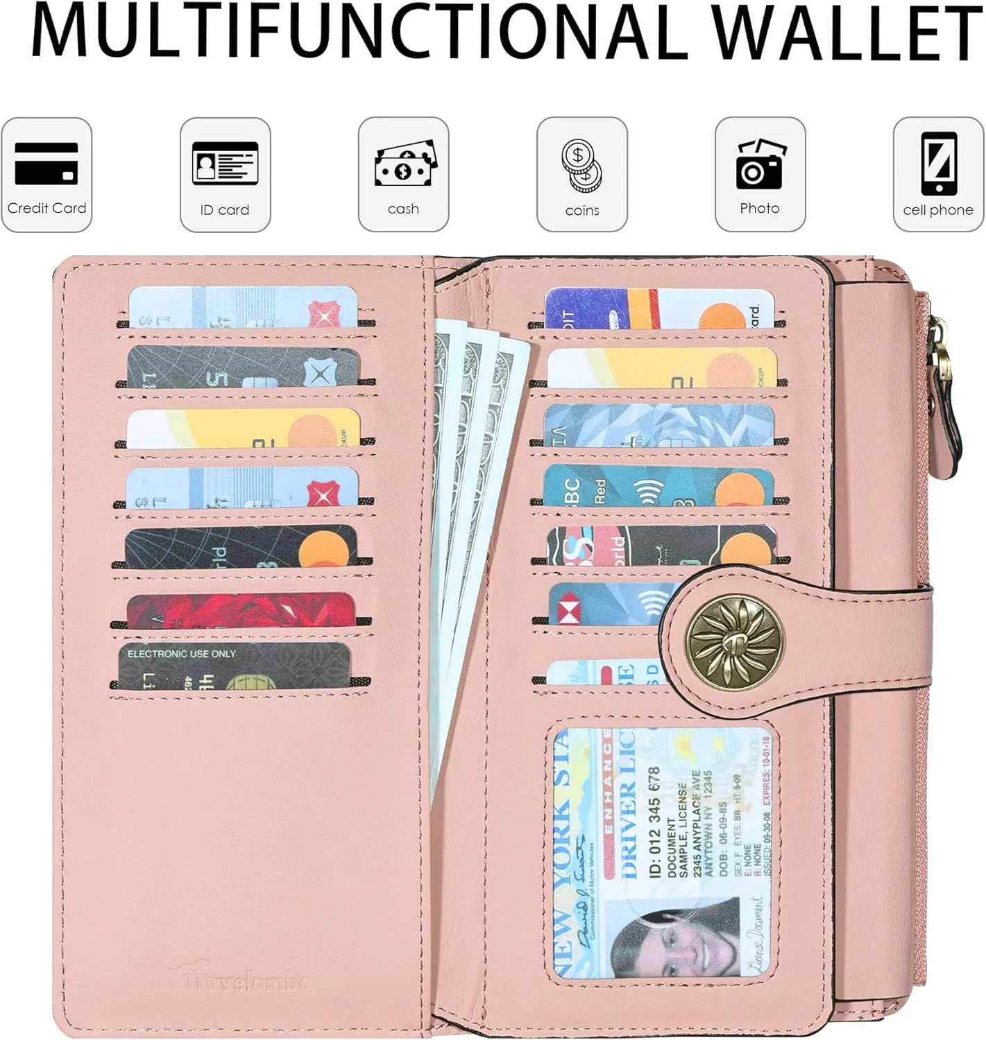Travelambo Women's Wallet RFID Blocking Trifold Clutch Large Capacity Credit Card Holder Travel Purse