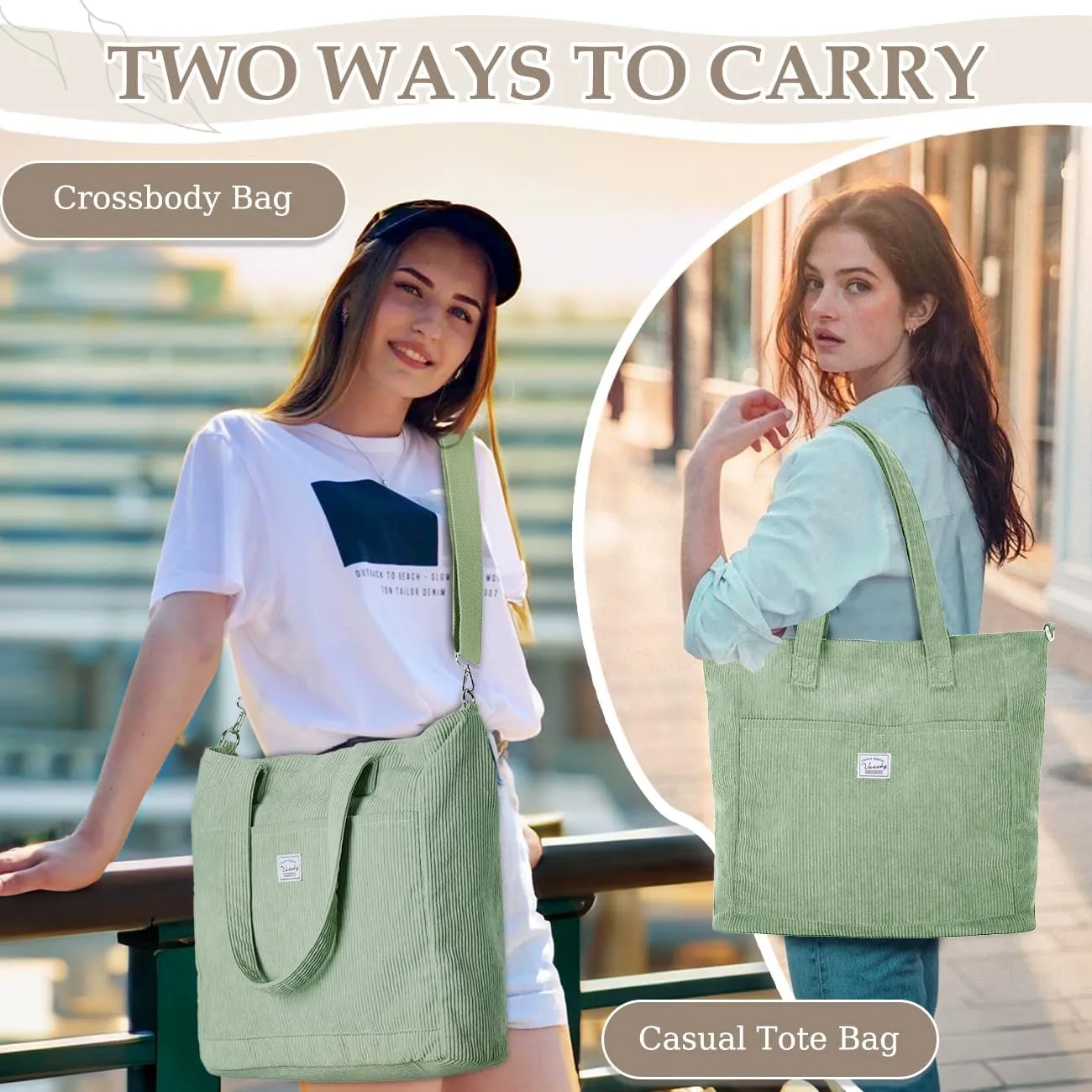 VASCHY Corduroy Tote Bag for Women,Casual Lightweight Large Work Tote with Zipper Hobo Shoulder Crossbody Bag Purse