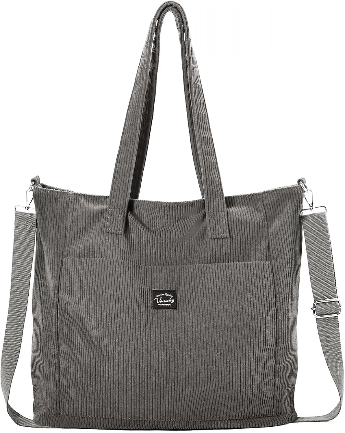 VASCHY Corduroy Tote Bag for Women,Casual Lightweight Large Work Tote with Zipper Hobo Shoulder Crossbody Bag Purse