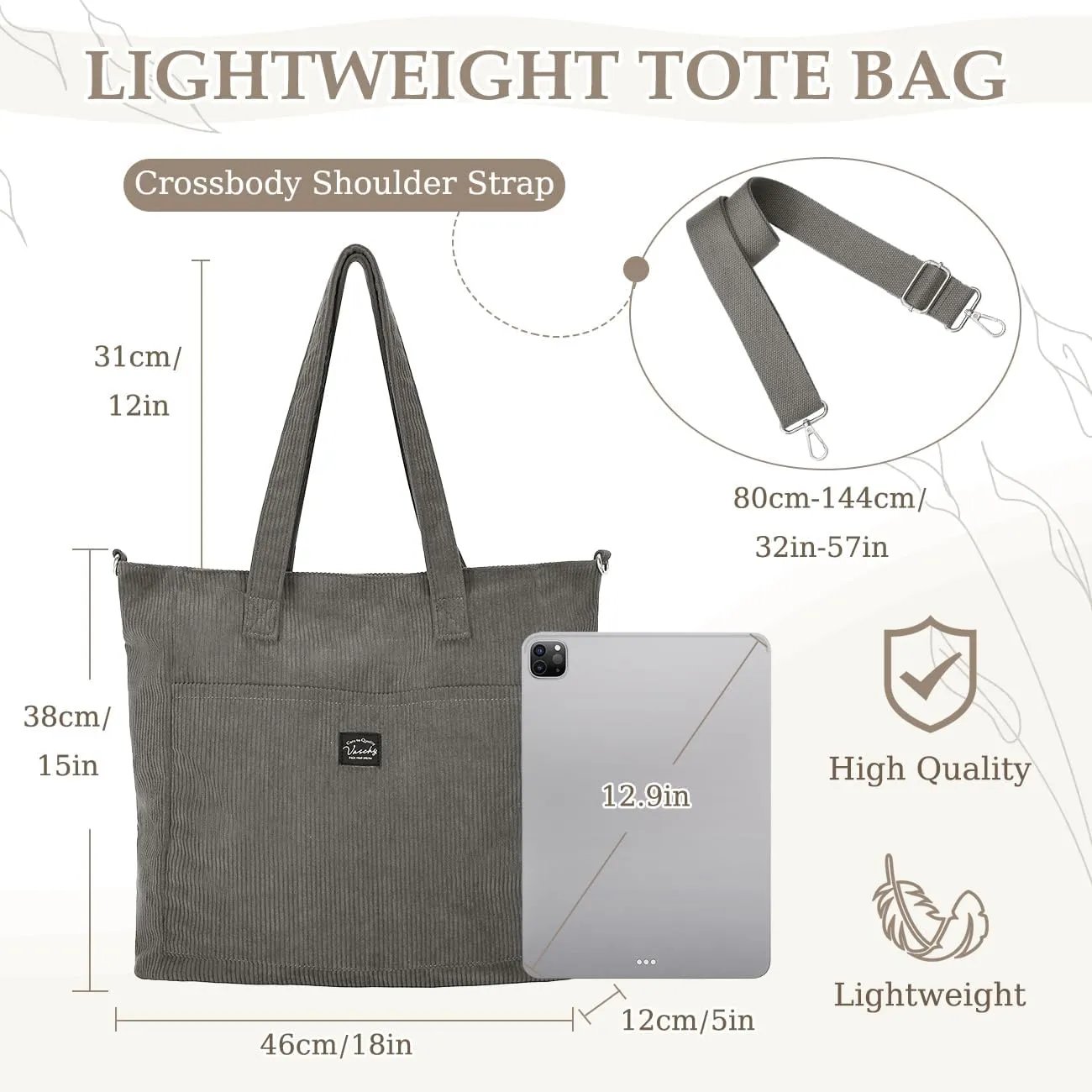 VASCHY Corduroy Tote Bag for Women,Casual Lightweight Large Work Tote with Zipper Hobo Shoulder Crossbody Bag Purse