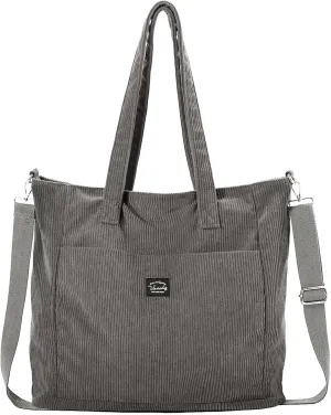 VASCHY Corduroy Tote Bag for Women,Casual Lightweight Large Work Tote with Zipper Hobo Shoulder Crossbody Bag Purse