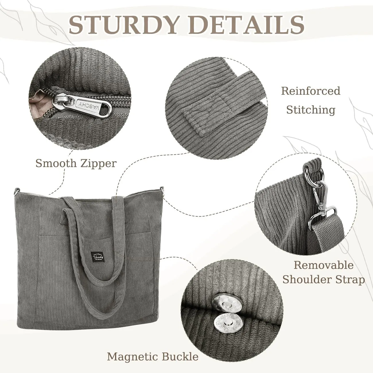 VASCHY Corduroy Tote Bag for Women,Casual Lightweight Large Work Tote with Zipper Hobo Shoulder Crossbody Bag Purse
