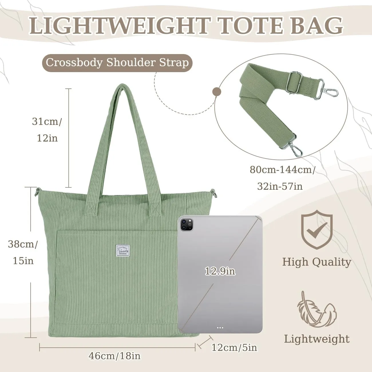 VASCHY Corduroy Tote Bag for Women,Casual Lightweight Large Work Tote with Zipper Hobo Shoulder Crossbody Bag Purse