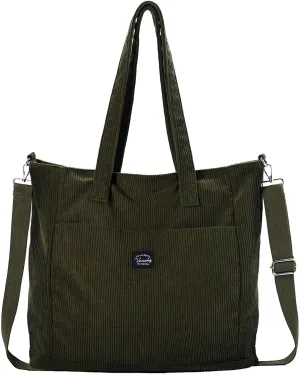 VASCHY Corduroy Tote Bag for Women,Casual Lightweight Large Work Tote with Zipper Hobo Shoulder Crossbody Bag Purse