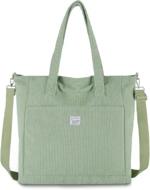 VASCHY Corduroy Tote Bag for Women,Casual Lightweight Large Work Tote with Zipper Hobo Shoulder Crossbody Bag Purse