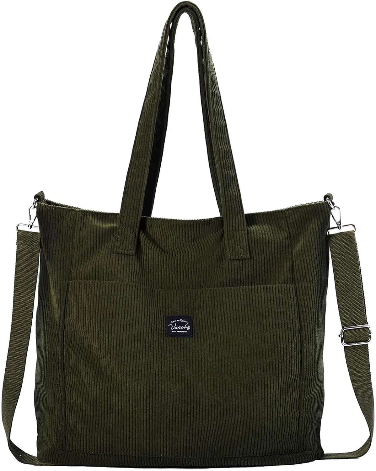VASCHY Corduroy Tote Bag for Women,Casual Lightweight Large Work Tote with Zipper Hobo Shoulder Crossbody Bag Purse