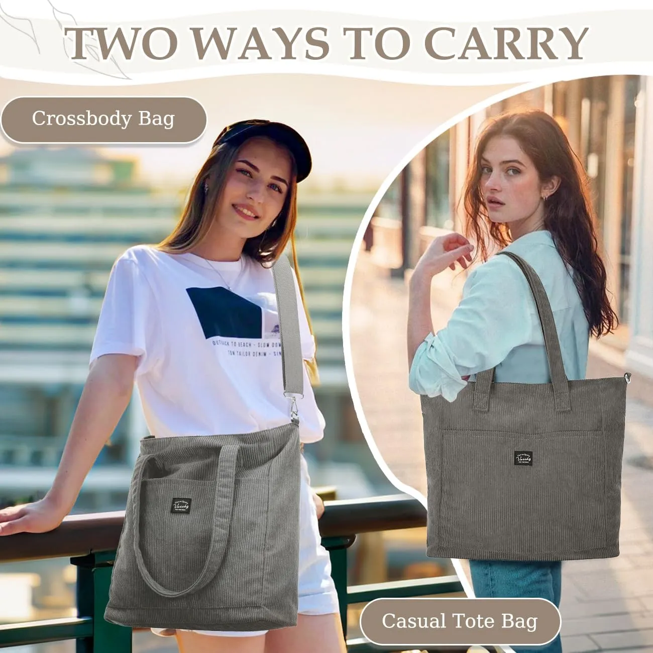 VASCHY Corduroy Tote Bag for Women,Casual Lightweight Large Work Tote with Zipper Hobo Shoulder Crossbody Bag Purse