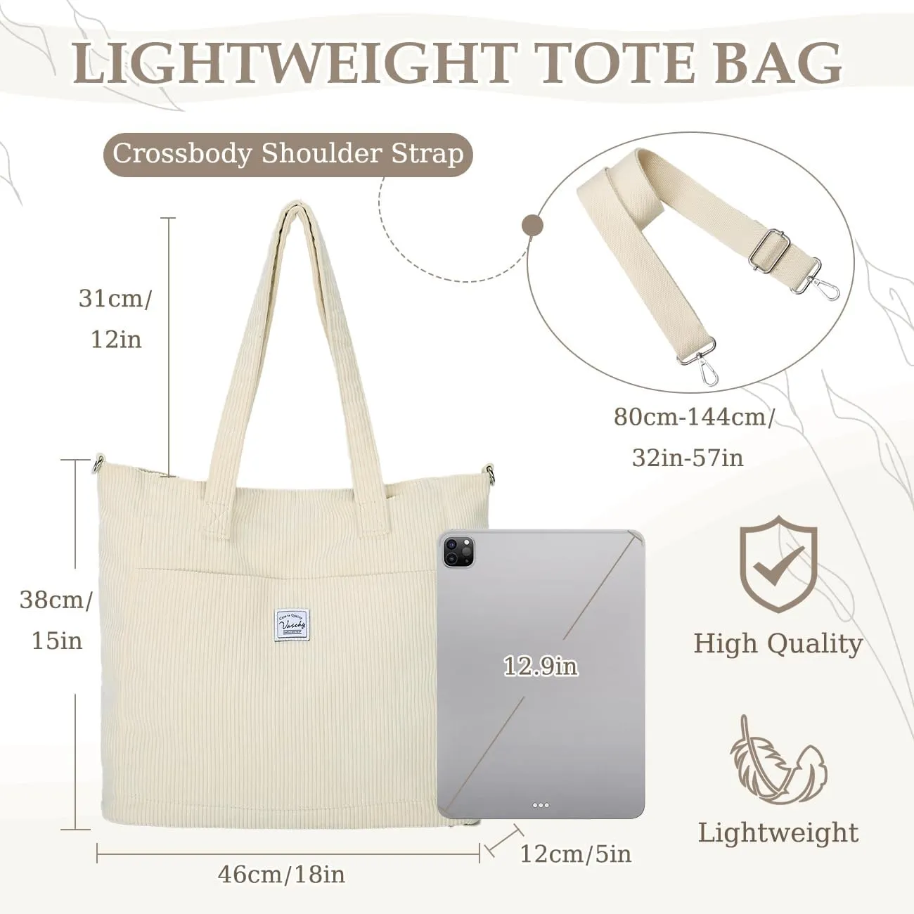 VASCHY Corduroy Tote Bag for Women,Casual Lightweight Large Work Tote with Zipper Hobo Shoulder Crossbody Bag Purse