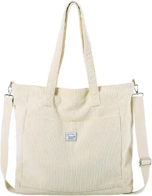VASCHY Corduroy Tote Bag for Women,Casual Lightweight Large Work Tote with Zipper Hobo Shoulder Crossbody Bag Purse
