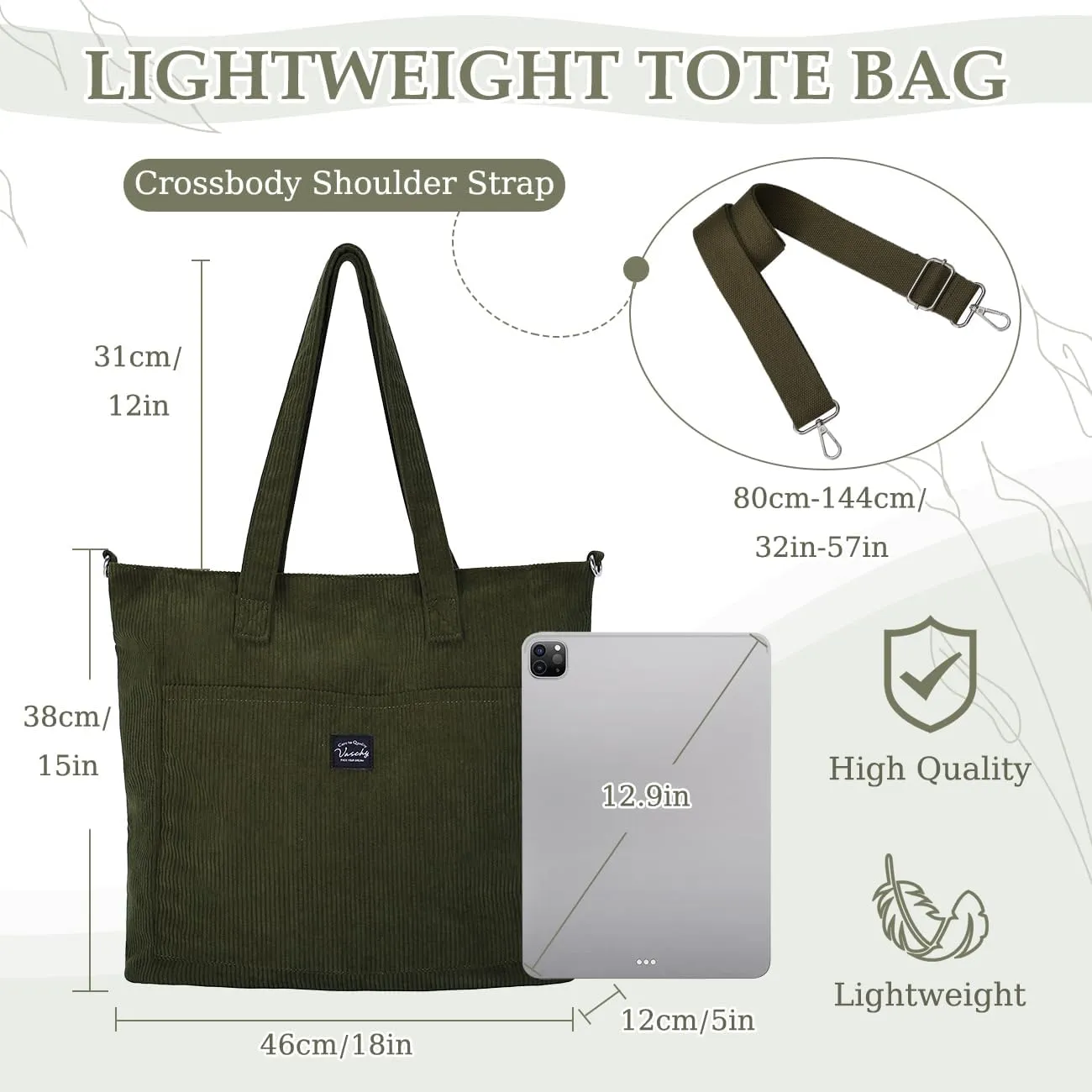 VASCHY Corduroy Tote Bag for Women,Casual Lightweight Large Work Tote with Zipper Hobo Shoulder Crossbody Bag Purse
