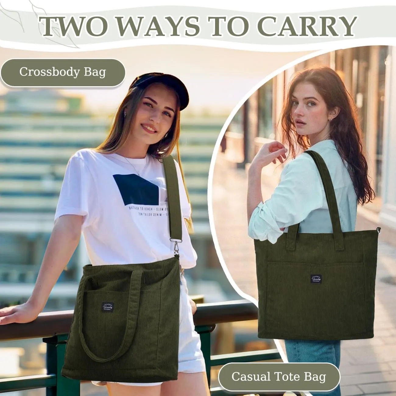 VASCHY Corduroy Tote Bag for Women,Casual Lightweight Large Work Tote with Zipper Hobo Shoulder Crossbody Bag Purse